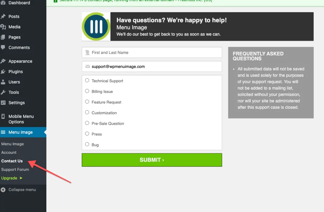 Formulário de contacto nas opções do Menu Image