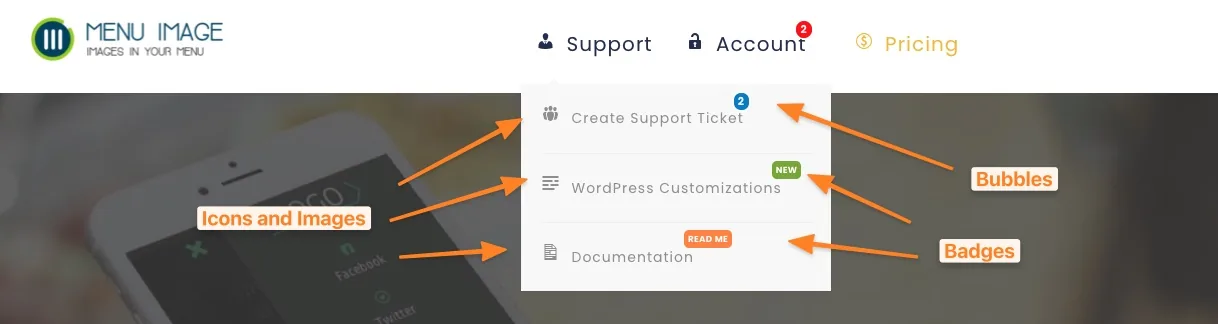 Exemplo de menu com ícones, imagens, bolhas e badges criados com o Menu Image